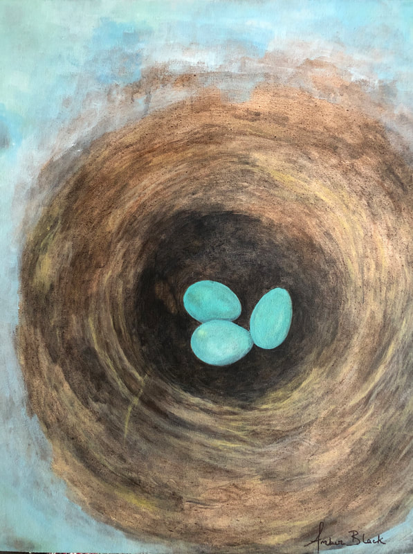 3 aqua blue Robins eggs in a rustic nest with aqua blue background. 16x20 | Oil on Canvas