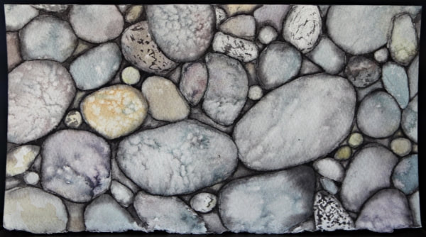 A watercolour painting of a detailed close up of pebbles with various patterns and shadows.