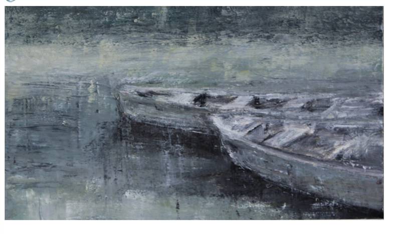 Oil painting of two canoes on a misty morning, half sitting in a lake.