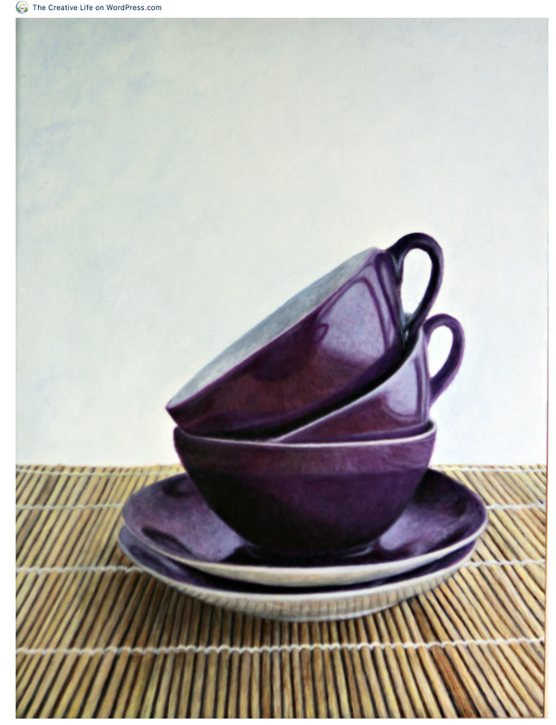 2 Purple Mugs Stacked on saucers, sitting on top of a bamboo matte with light off white background.  - (An Educational Study of hyperrealism) *For Educational Purposes only) 8x10 Acrylic on Particle Board
