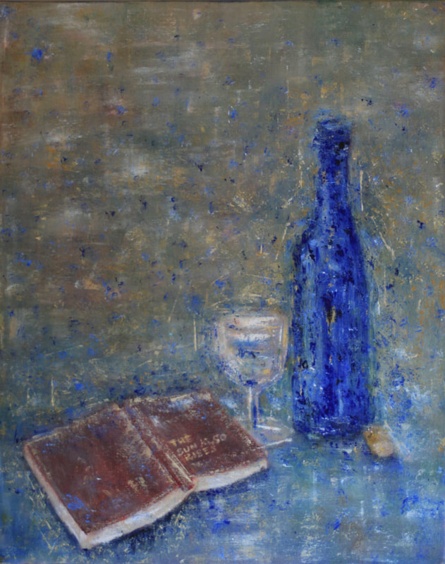 An abstract painting of a blue bottle of wine, a white whine glass and a red classic book open up with the spine facing up, with the title "The Sun Also Rises" 16x24 Oil on Canvas. 