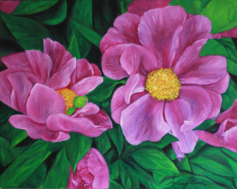 2 Peonies in the garden with green leaves surrounding and what looks like another peony is trying to tickle the large one on the right. 16 x 24 Oil on Canvas