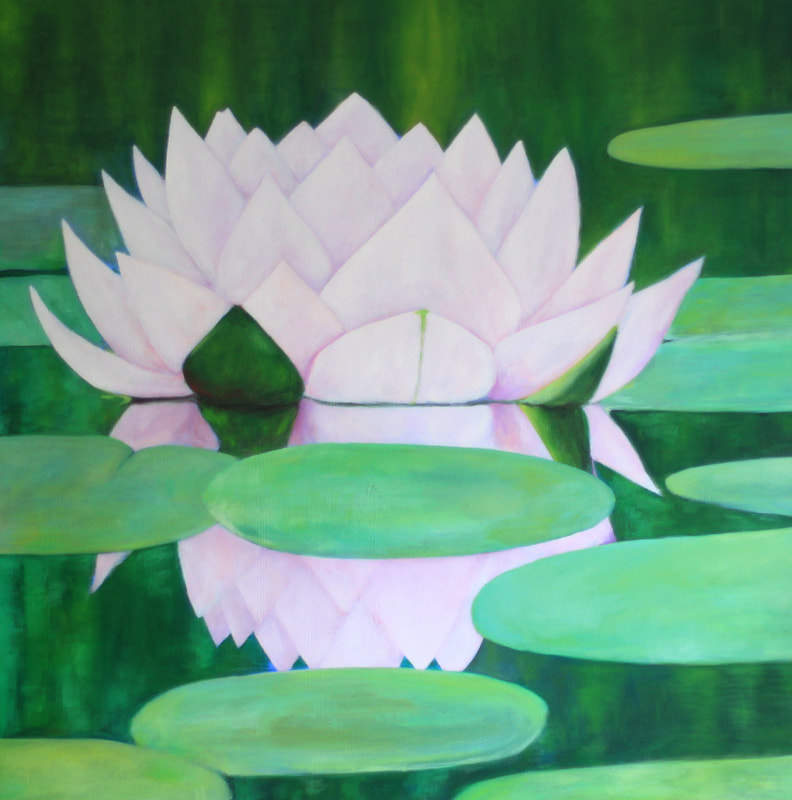 A painting of a realistic pink water lily and lily pads with a soft reflection in the water. 20x20 Oil on Canvas