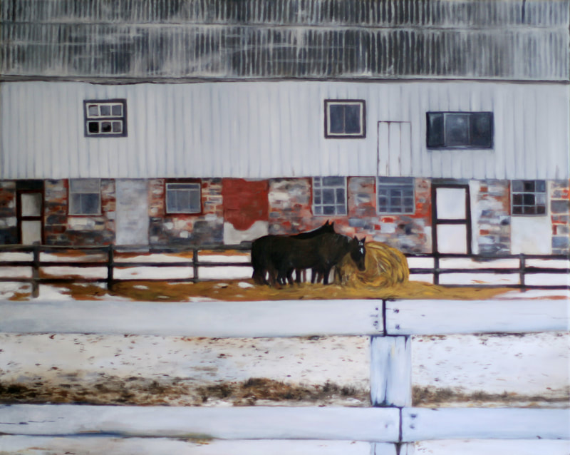 A painting of horses eating hay in front of an old, rustic brick barn with a fence in the foreground and a bit of snow in the field. 20x24 Oil on Canvas